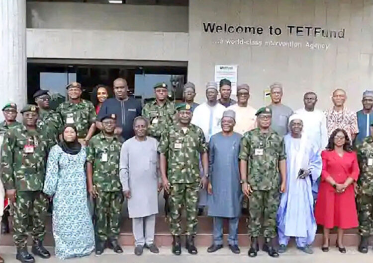 The executive secretary, TETFund, Arc. Sonny Echono (5th right); Chief of Defence Staff (CDS), General Christopher Musa (centre); chairman, TETFund National Research Fund Screening and Monitoring Committee, Prof. Hayward Mafuyai (5th left); chairman, organising committee on TETFund National Research Fair/ Exhibition, Dr. Umar Bindir (3rd right); senior military officers who accompanied the military chief and top management staff of TETFund during the courtesy call on the Fund by the CDS recently.