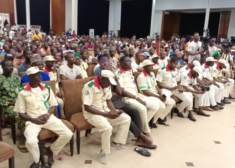 A cross section of members of the Tricycles Owners Association of Nigeria (TOAN) at a stakeholders' meeting to roll out electric tricycles in Ilorin, Kwara State, on Friday. Photo: Abdullahi Olesin.