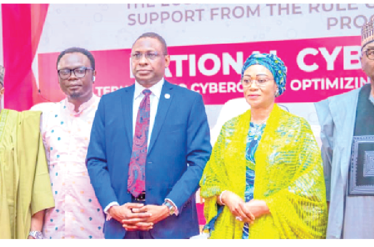 L- R: Gombe State Governor,  Muhammadu Inuwa Yahaya, Minister of State for Youth, Ayodele Olawande Wisdom, Economic and Financial Crimes Commission Chairman,  Ola Olukoyede, First Lady,  Oluremi Tinubu and Kwara State Governor,  Abdulrahman Abdulrazaq during the 
National Cybercrime Summit at the Presidential Villa in Abuja.