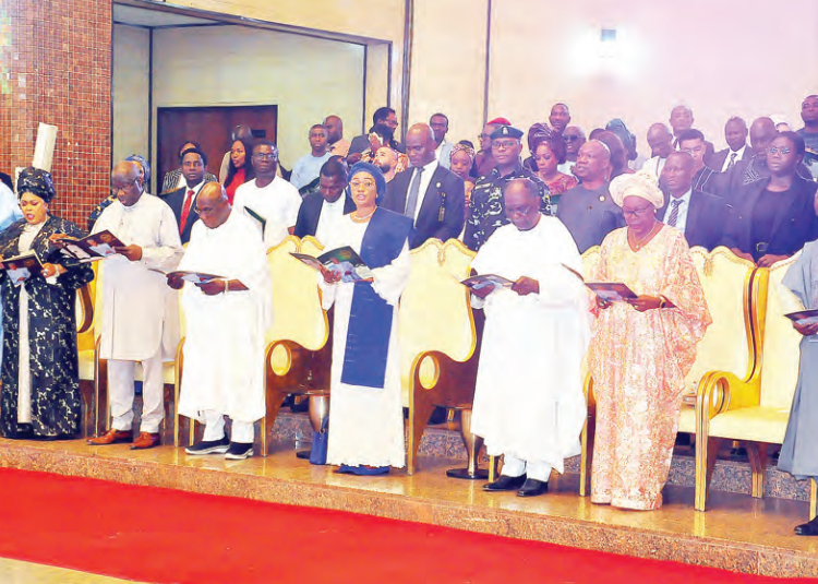 Former secretary to the government of the federation, Boss Mustapha; former first lady of Nigeria, Patience Jonathan; former President Goodluck Jonathan; his predecessor Olusegun Obasanjo; firstlady of Nigeria Oluremi Tinubu; former Head of State and celebrant General Yakubu Gowon, his wife Mrs Victoria Gowon and former Vice President Yemi Osinbajo, during the 90th birthday thanksgiving service for Gowon n Abuja yesterday PHOTO BY REMI AKUNLEYAN