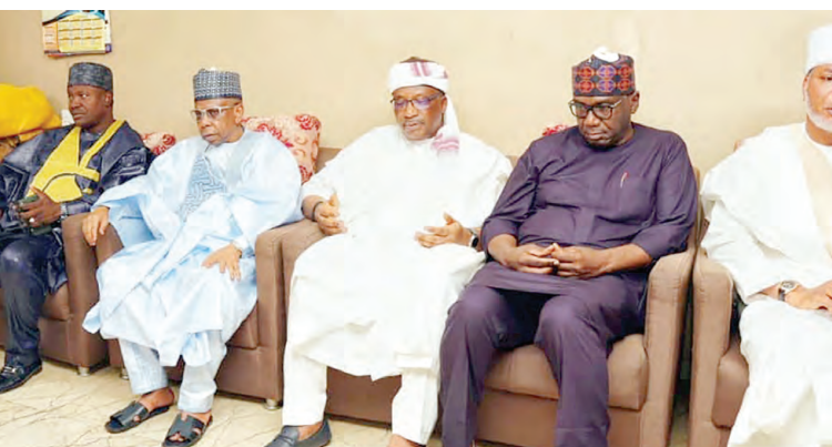 L-R: Deputy governor Sokoto State,  Alhaji Idris Gobir Mohammed; Alhaji Garuba Lawal; former minister of Interior, Alhaji Abdulrahman Dambazau; Kwara State Governor AbdulRahman AbdulRazaq, and Senator Saliu Mustapha during a condolence visit to the family residence of the late Sarkin Gobir of Ilorin, Alhaji Mohammed  Yusuf-Gobir in Ilorin, Kwara State. PHOTO: ABDULLAHI OLESIN