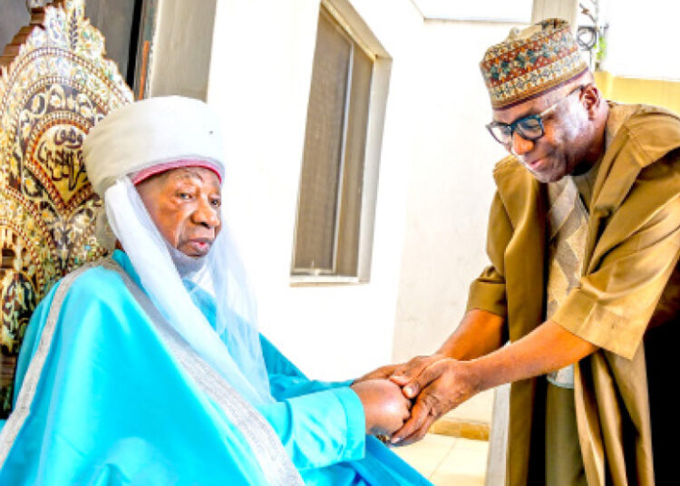 Kwara State Governor AbdulRahman (right) congratulating the Emir of Ilorin, Alhaji Ibrahim Sulu-Gambari on the 29th anniversary of his ascension to the throne of his forefathers. PHOTO: ABDULLAHI OLESIN