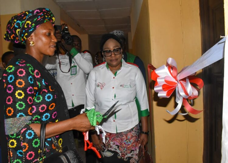 Representative of Kwara State First Lady and wife of the chairman of Baruten local government, Hajia Sahadat  Jibril (left); and the Executive Secretary, Kwara State Health Insurance Agency, Dr Olubunmi Jetawo-Winter during the official opening of Baruten regional office of the agency, in Okuta, Baruten LGA. Photo by Abdullahi Olesin.