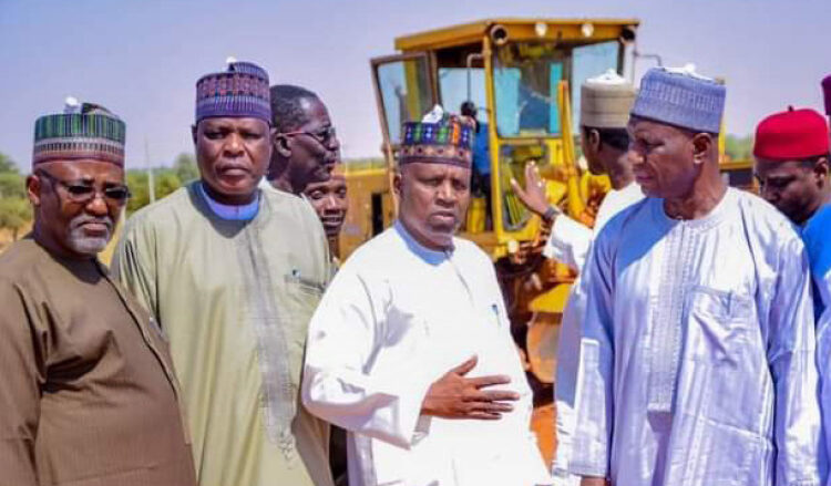 Yobe SSG, Baba Mallam Wali mni (right) being briefed by the commissioner of Works, Engr. Umar Wakil, during an inspection visit to Geidam