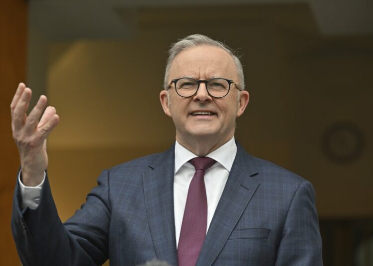 Australian Prime Minister Anthony Albanese discusses legislation that would male 16 years as a minimum age for children to use social media at a press conference in Canberra, Thursday, Nov. 7, 2024. (Mick Tsikas/AAP Image via AP)