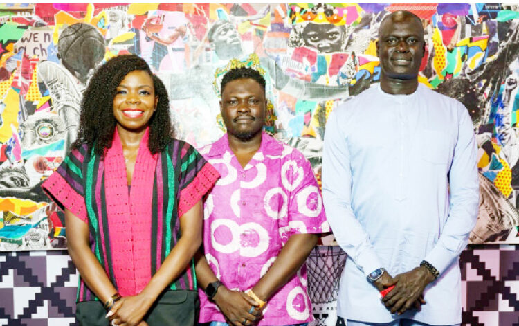 L-R: Vice President NBA Africa & Country Manager, NBA Nigeria, Gbemisola Abudu; Artist, Williams Chechet; and Amadou Gallo Fall, President of Basketball Africa league at the NBA Nigeria Installation, titled “Breaking Barriers" at the ART X Lagos VIP Opening on Friday, Nov 1, 2024