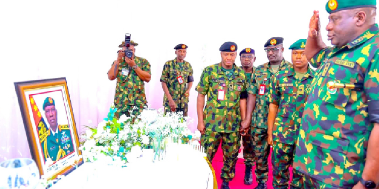 The acting Chief of Army Staff (COAS), Lt Gen Olufemi Oluyede with other senior officers when he paid a condolence visit to Mrs Mariya Lagbaja and other family members of the late COAS, Lt Gen Taoreed Abiodun Lagbaja at the Flag Staff House, Niger Barracks Abuja, yesterday.
