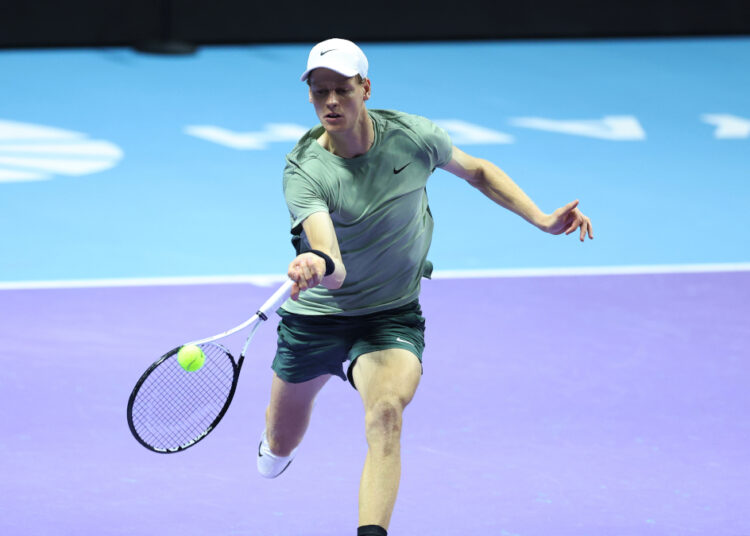 RIYADH, SAUDI ARABIA - OCTOBER 19: Jannik Sinner of Italy plays a forehand during his Men's Singles Final match against Carlos Alcaraz of Spain (not pictured) on day three of the Six Kings Slam 2024 at Kingdom Arena on October 19, 2024 in Riyadh, Saudi Arabia. (Photo by Richard Pelham/Getty Images)