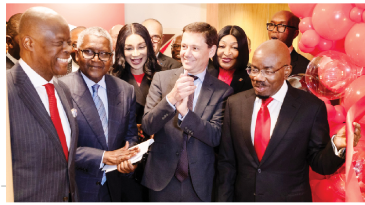 L-R: Minister of Finance and Coordinating Minister of the Economy, Mr. Wale Edun; President/Chief Executive, Dangote Group, Alhaji Aliko Dangote, GCON; Group Managing Director/Chief Executive, Zenith Bank Plc, Dame (Dr.) Adaora Umeoji, OON; Director-General of the Treasury, France, Bertrand Dumont; Executive Director, Zenith Bank Plc, Mrs. Adobi Nwapa; and Founder and Chairman, Zenith Bank Plc, Jim Ovia, CFR, during the official commissioning of Zenith Bank, Paris on Wednesday.
