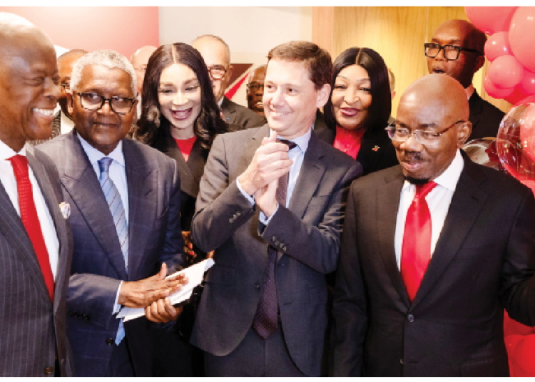 L-R: Minister of Finance and Coordinating Minister of the Economy, Mr. Wale Edun; President/Chief Executive, Dangote Group, Alhaji Aliko Dangote, GCON; Group Managing Director/Chief Executive, Zenith Bank Plc, Dame (Dr.) Adaora Umeoji, OON; Director-General of the Treasury, France, Bertrand Dumont; Executive Director, Zenith Bank Plc, Mrs. Adobi Nwapa; and Founder and Chairman, Zenith Bank Plc, Jim Ovia, CFR, during the official commissioning of Zenith Bank, Paris on Wednesday.