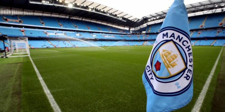 Manchester City club badge on the corner flag before the Premier League match at the Etihad Stadium, Manchester.