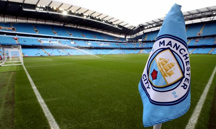 Manchester City club badge on the corner flag before the Premier League match at the Etihad Stadium, Manchester.