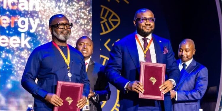 Head, Client Relations (Anglophone West Africa) Afreximbank, Mr. Peter Olowononi (right) and chairman, Dorman Long Engineering Ltd., Dr. Timi Austen-Peters (left), after signing the agreement.