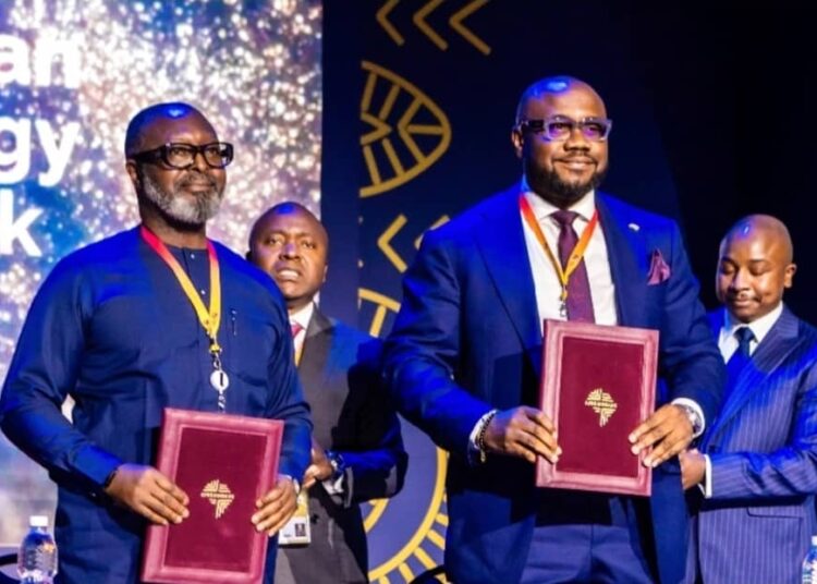 Head, Client Relations (Anglophone West Africa) Afreximbank, Mr. Peter Olowononi (right) and chairman, Dorman Long Engineering Ltd., Dr. Timi Austen-Peters (left), after signing the agreement.