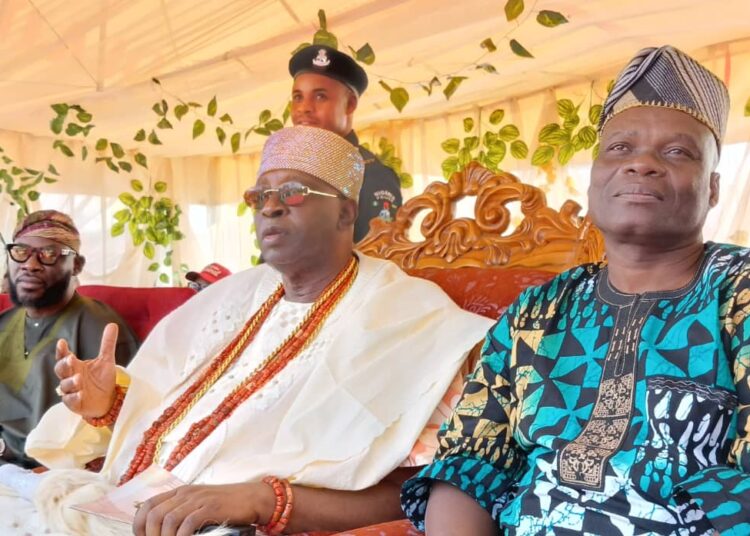 L-R: Oyo State Commissioner for Culture and Tourism, Dr Wasiu Olatubosun; Soun of Ogbomosoland, Oba Ghandi Afolabi Olaoye, Orumogege III, and the Representative of the Minister of Culture, Tourism and Creative Economy, Hon. Abiola Raheem, at the opening of the maiden Ogbomoso Cradles Carnival in Ogbomoso.