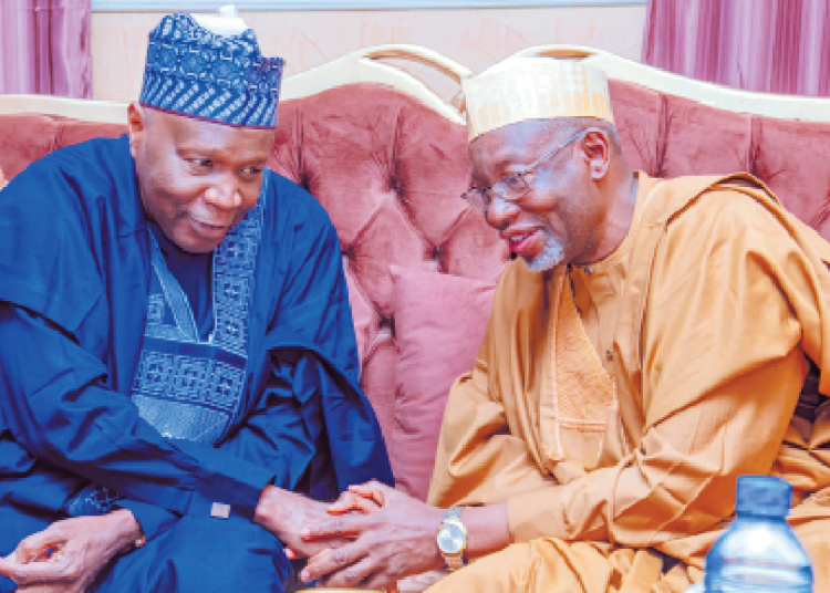 Gombe State Governor Muhammadu Inuwa Yahaya consoling his Jigawa State counterpart, Governor Umar Namadi, during a condolence visit over the demise of Namadi’s mother, Hajiya Maryam and son, Abdulwahab, in Kafin-Hausa, Jigawa State, yesterday.