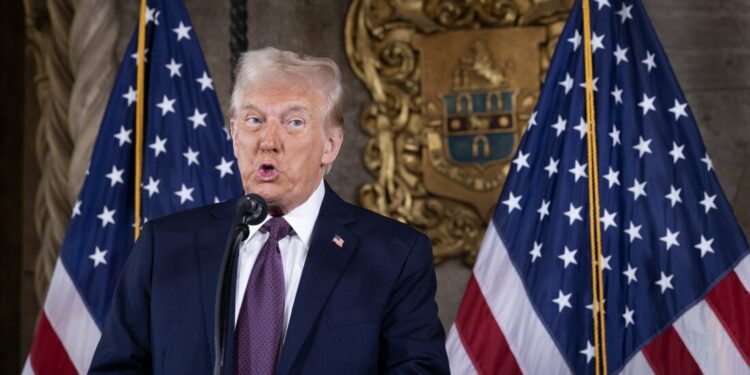 PALM BEACH, FLORIDA - JANUARY 07:  U.S. President-elect Donald Trump speaks to members of the media during a press conference at the Mar-a-Lago Club on January 07, 2025 in Palm Beach, Florida. Trump will be sworn in as the 47th president of the United States on January 20, making him the only president other than Grover Cleveland to serve two non-consecutive terms in the office. (Photo by Scott Olson/Getty Images)