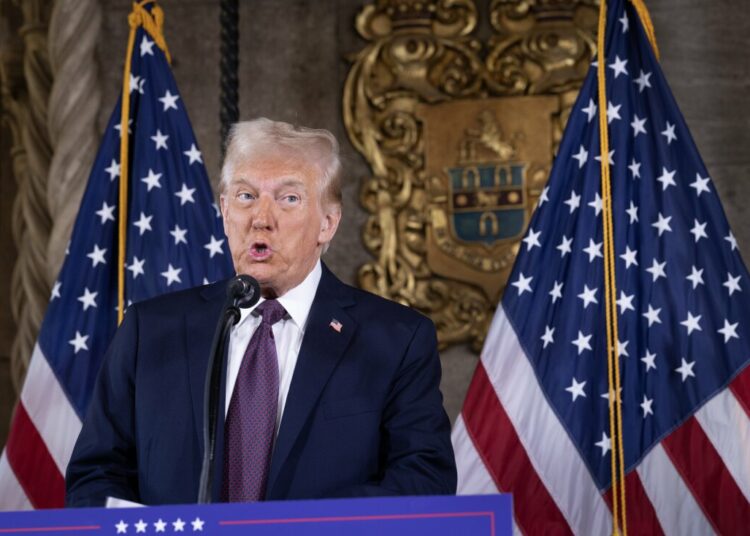 PALM BEACH, FLORIDA - JANUARY 07:  U.S. President-elect Donald Trump speaks to members of the media during a press conference at the Mar-a-Lago Club on January 07, 2025 in Palm Beach, Florida. Trump will be sworn in as the 47th president of the United States on January 20, making him the only president other than Grover Cleveland to serve two non-consecutive terms in the office. (Photo by Scott Olson/Getty Images)