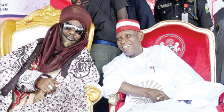 Kano State Governor Abba Yusuf (right) and the Emir of Kano, Muhammadu Sanusi II in Kano, yesterday.