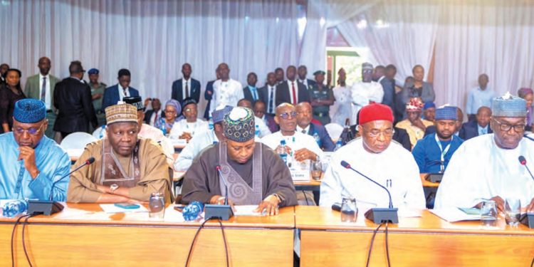 R-L: Kwara State governor and chairman of Nigerian Governors Forum, AbdulRahman AbdulRazaq; chairman, APC Governors Forum and Imo State governor, Hope Uzodima, Kaduna State Governor  Uba Sani; Gombe State Governor Muhammadu Inuwa Yahaya and Ekiti State Governor Biodun Oyebanji, during Subnational Consultation with Presidential Committee on Tax Reforms with NGF at Transcorp Hilton, Abuja, yesterday. PHOTO BY IBRAHIM MOHAMMED