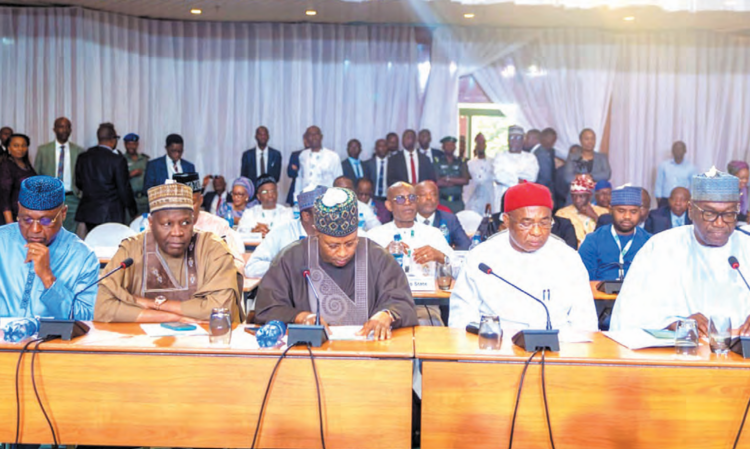 R-L: Kwara State governor and chairman of Nigerian Governors Forum, AbdulRahman AbdulRazaq; chairman, APC Governors Forum and Imo State governor, Hope Uzodima, Kaduna State Governor  Uba Sani; Gombe State Governor Muhammadu Inuwa Yahaya and Ekiti State Governor Biodun Oyebanji, during Subnational Consultation with Presidential Committee on Tax Reforms with NGF at Transcorp Hilton, Abuja, yesterday. PHOTO BY IBRAHIM MOHAMMED