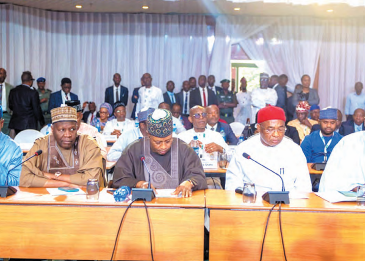 R-L: Kwara State governor and chairman of Nigerian Governors Forum, AbdulRahman AbdulRazaq; chairman, APC Governors Forum and Imo State governor, Hope Uzodima, Kaduna State Governor  Uba Sani; Gombe State Governor Muhammadu Inuwa Yahaya and Ekiti State Governor Biodun Oyebanji, during Subnational Consultation with Presidential Committee on Tax Reforms with NGF at Transcorp Hilton, Abuja, yesterday. PHOTO BY IBRAHIM MOHAMMED