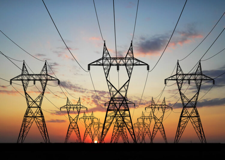 3D Electric powerlines over sunrise