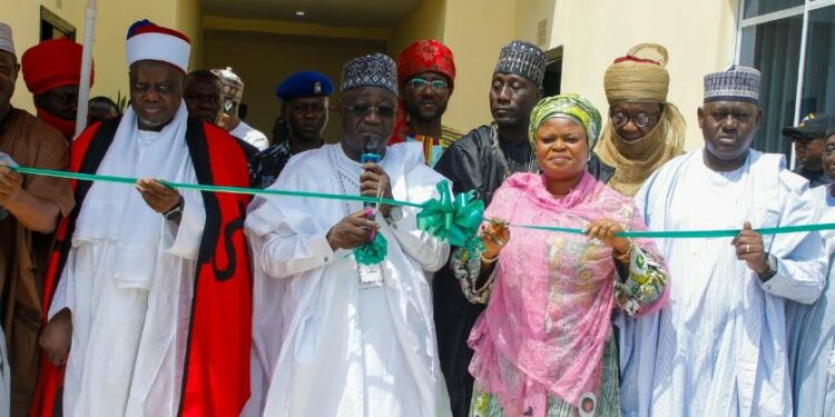 Emir of Lafia, His Royal Highness Hon. Justice Sidi Bage Muhammad, JSC (Rtd), Deputy Governor of Nasarawa State, Dr. Emmanuel Akabe, SSA to the President on SDGs, Princess Adejoke Orelope-Adefulire and Secretary of Programme, OSSAP-SDGs, Engr. Ahmad Kawu at the commissioning of the Skill Acquisition Centre in Lafia, Nasarawa State