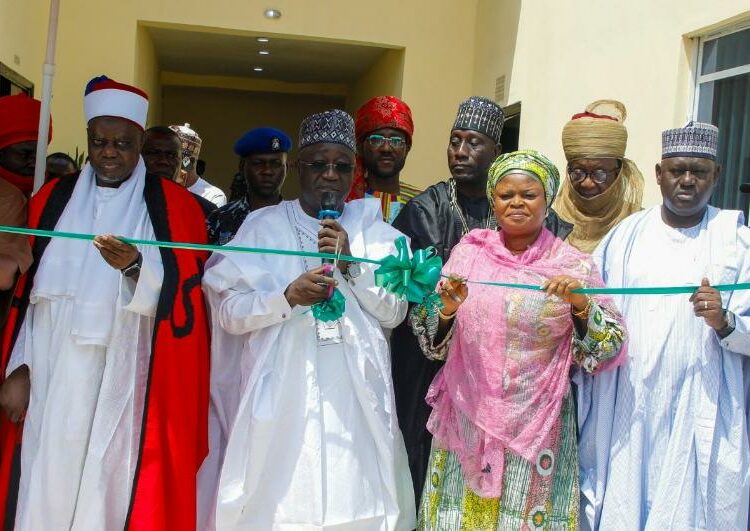 Emir of Lafia, His Royal Highness Hon. Justice Sidi Bage Muhammad, JSC (Rtd), Deputy Governor of Nasarawa State, Dr. Emmanuel Akabe, SSA to the President on SDGs, Princess Adejoke Orelope-Adefulire and Secretary of Programme, OSSAP-SDGs, Engr. Ahmad Kawu at the commissioning of the Skill Acquisition Centre in Lafia, Nasarawa State