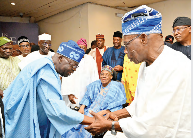 L-R: President Bola Ahmed Tinubu; former mlitary president, Gen Ibrahim Badamasi Babangida, and former President Olusegun Obasanjo at the launch of IBB’s memoir, “A Journey in Service” in Abuja, yesterday. PHOTO BY REMI AKUNLEYAN