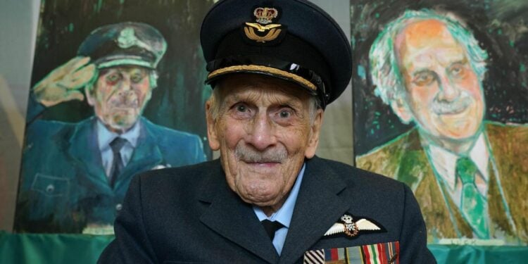 The last known Battle of Britain pilot, Group Captain John 'Paddy' Hemingway DFC celebrates his 105th birthday and the unveiling of portraits reflecting his life by British artist Dan Llywelyn Hall, at the British Embassy in Dublin, Ireland. Picture date: Wednesday July 17, 2024.