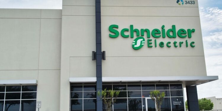Houston, Texas USA 03-29-2020: Schneider Electric office building exterior in Houston, TX. Developer of electrical equipment, industrial machine automation and sustainability.