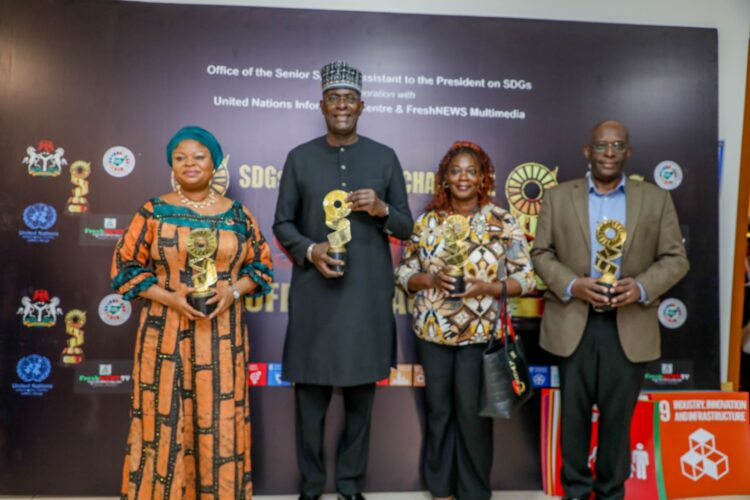 L-R: SSA to the President on SDGs, Princess Adejoke Orelope-Adefurile; UN Resident Coordinator, Mr Mohamed Malick Fall, and UNFPA Deputy Representative, Francis Kuawu Koessan, at the unveiling of the SDGs Short Film Challenge and Awards, in Abuja, on Wednesday.