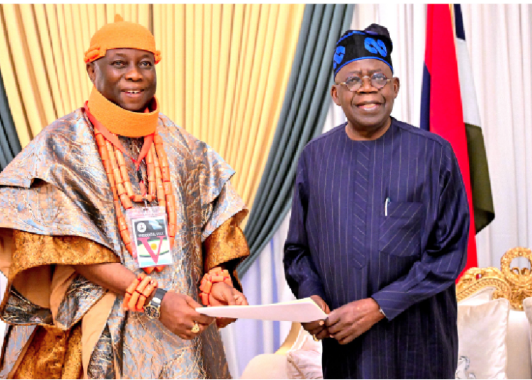 President Bola Ahmed Tinubu (right), and Asagba of Asaba, Prof Epiphany Azinge during the an audience with delegation from Asagba kingdom in Asaba, Delta State, at the Presidential Villa in Abuja, yesterday