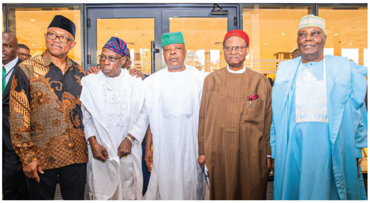 L-R: Former presidential candidate of Labour Party, Peter Obi; former President Olusegun Obasanjo; the celebrant/former deputy Speaker, Emeka Ihedioha; former secretary general of the Commonwealth,
Chief Emeka Anyaoku and former Vice President Atiku Abubakar during a colloquium to mark Ihedioha's 60th birthday in Abuja, yesterday