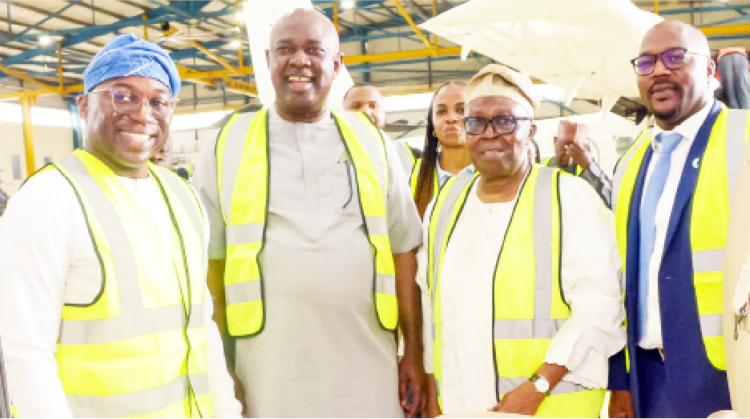 L-R: Chief executive officer, Caverton Offshore Support Group (COSG), Olabode Makanjuola;  minister of state for Petroleum Resources (Oil),  Heineken Lokpobiri; chairman, Caverton Offshore Support Group, Aderemi Makanjuola and chief operating officer, COSG, Rotimi Makanjuola during the minister's facility tour of the state-of the art of Caverton aircraft Maintenance, Repair and Overhaul (MRO) training center at Murtala Muhammed International Airport, Lagos on Wednesday.