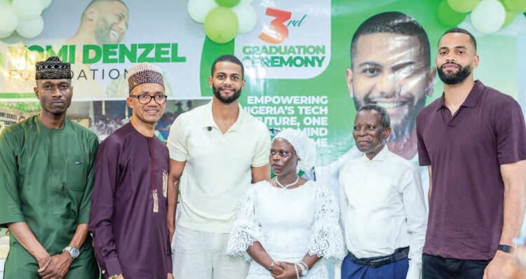 L-R: S.A. to Governor Seyi Makinde on regional integration, Mr Olasoji Oluwatukesi Adagunodo; Editor-in-Chief, LEADERSHIP Group Ltd, Mr Azu Ishiekwene; president and CEO, Yomi Denzel Foundation, Mr Yomi Denzel Olaniyi Adagunodo; commissioner for youth and sports, Hon. Wasilat Adegoke; West Africa chief examiner for WAEC, Dr Ayo Akano, and treasurer and Board member, Yomi Denzel Foundation, Mr Kaanu Olaniyi Adagunodo,  at the 3rd graduation ceremony of the Foundation on Saturday