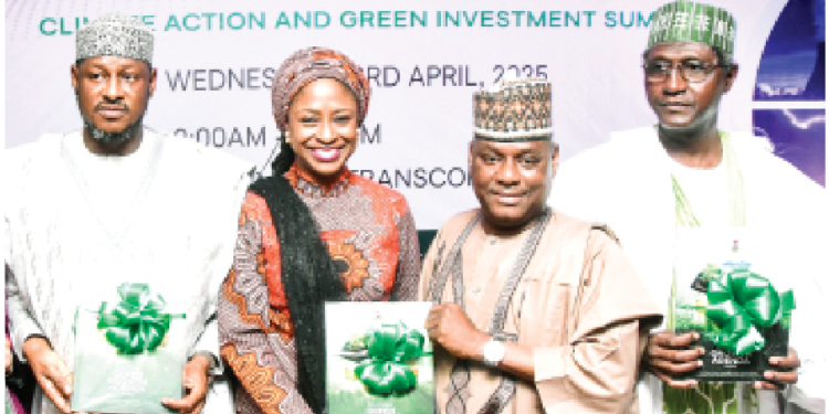L-R Katsina State Governor,  Malam Dikko Radda; executive secretary, Nigerian Investment Promotion Commission (NIPC), Aisha Rimi; chairman, IRS group, Rabiu isyaku Rabiu; and Senator Abdulaziz Yar'Adua, during the official unveiling of agenda for the Katsina State Climate Action and Green Investment Summit in Abuja, yesterday.