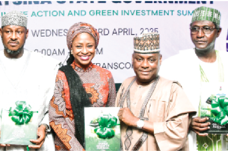 L-R Katsina State Governor,  Malam Dikko Radda; executive secretary, Nigerian Investment Promotion Commission (NIPC), Aisha Rimi; chairman, IRS group, Rabiu isyaku Rabiu; and Senator Abdulaziz Yar'Adua, during the official unveiling of agenda for the Katsina State Climate Action and Green Investment Summit in Abuja, yesterday.
