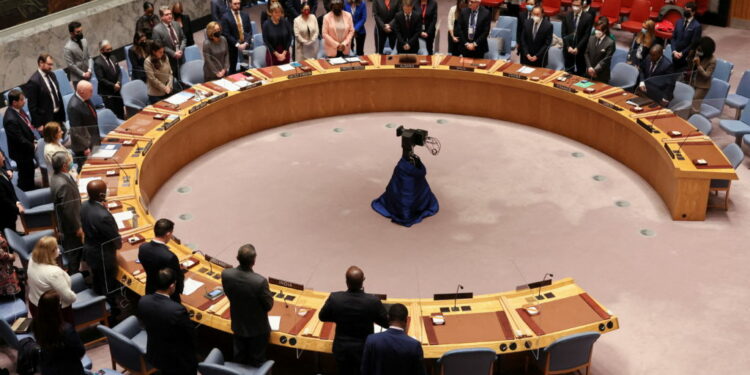 General view of a moment of silence for former U.S. Secretary of State Madeleine Albright during the United Nations Security Council meeting, amid Russia's invasion of Ukraine, at the United Nations Headquarters in New York City, New York, U.S., March 23, 2022. REUTERS/Mike Segar REFILE - CORRECTING MEETING