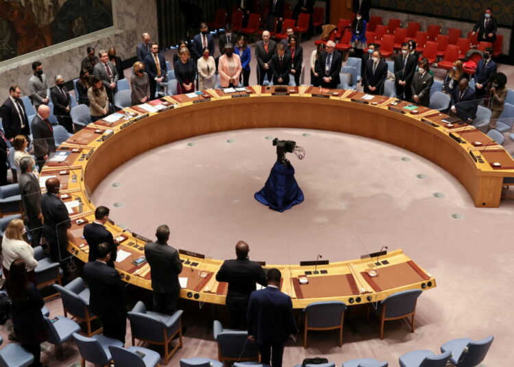 General view of a moment of silence for former U.S. Secretary of State Madeleine Albright during the United Nations Security Council meeting, amid Russia's invasion of Ukraine, at the United Nations Headquarters in New York City, New York, U.S., March 23, 2022. REUTERS/Mike Segar REFILE - CORRECTING MEETING