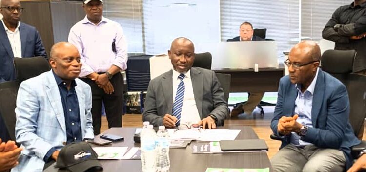 L-R: Managing Director/CEO, Engineering Automation Technology Limited (EATECH), Emmanuel Okon; Minister of State Petroleum Resources (Gas), Ekperikpe Ekpo and Senior Technical Adviser to the Minister, Abel Nsa during a visit to WrapMaster Global LLC in Houston, Texas, USA where technological solutions are developed for gas pipeline challenges in Nigeria.
