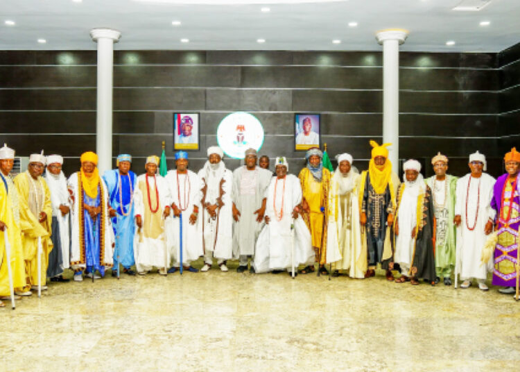 Kwara State Governor AbdulRahman AbdulRazaq with the first class traditional rulers after a meeting at the Government House, Ilorin on Tuesday.  PHOTOS: ABDULLAHI OLESIN