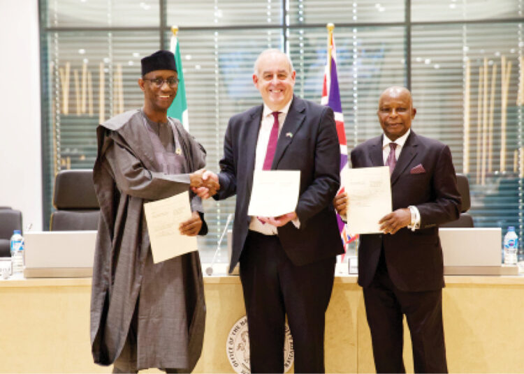 R-L: National Security Adviser (NSA), Nuhu Ribadu;  UK’s Minister for Fraud, Lord Hanson and Nigeria’s Attorney-General and Minister of Justice, Lateef Fagbemi, after signing the agreement in Abuja, recently.
