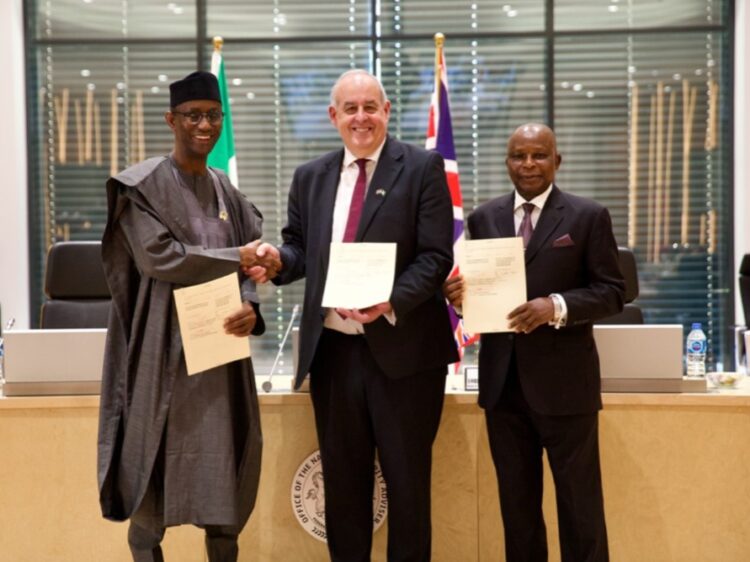 R-L: National Security Adviser, Nuhu Ribadu; UK’s Minister for Fraud, Lord Hanson and Nigeria’s Attorney General and Minister of Justice, Prince Lateef Fagbemi, SAN, after signing the agreement in Abuja, recently.