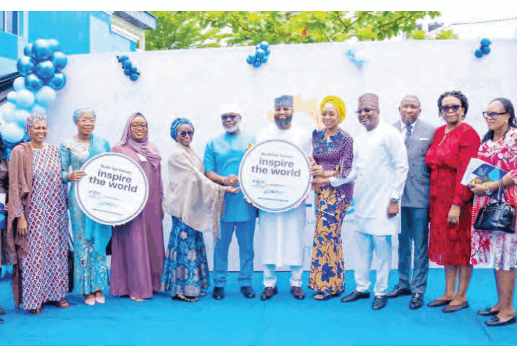 Representative of the president, Nigerian Society of Engineers, Engr. Mistura Adenike Rafiu (4th from left); senior special assistant to the president on citizens and leadership, Mrs Rinsola Abiola (5th from left); permanent secretary, Ministry of Women Affairs, Mrs. Maryam Chira Keshinro (6th from left); chairman, Senate Committee on NASENI, Senator Francis Ezenwa Onyewuchi (7th from left); EVC/CEO of NASENI, Mr  Khalil Suleiman Halilu (8th from left); mandate secretary, Women Affairs Secretariat, FCTA, Dr Adedayo Benjamins- Laniyi (6th from right); chairman of Presidential Implementation Committee on Technology Transfer, Dr. Mohammed Dahiru (5th from right); executive director, North and Public Sector, Fidelity Bank, Mr Sufiyani Garba (4th from right); NASENI’s coordinating director, planning and business development, Dr Nonyem Onyechi (3rd from right) and others at the launch of DELT-Her proposal portal for female engineers at NASENI Headquarters, Abuja