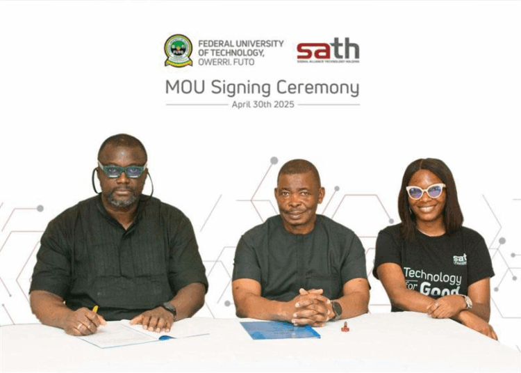 L-R; Prof. Emeka Oguzie - Deputy Vice Chancellor, FUTO, Collins Onuegbu  Chairman, Signal Alliance Technology Holding, Ugbonma Grace - Corporate Social Responsibility Executive, Signal Alliance Technology Holding