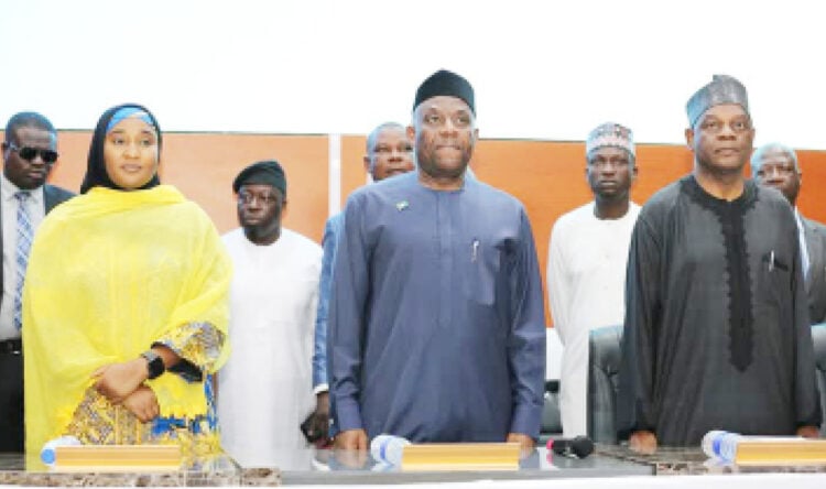 L–R: The minister of state for education, Prof Suwaiba Said Ahmad; minister of education, Dr Maruf Alausa, and the executive secretary of TETFund, Arch. Sonny Echono, during the inauguration of the ministerial monitoring committee on the TETFund High Impact Intervention Project for Medical Schools Rehabilitation across the six geopolitical zones in Abuja on Tuesday.