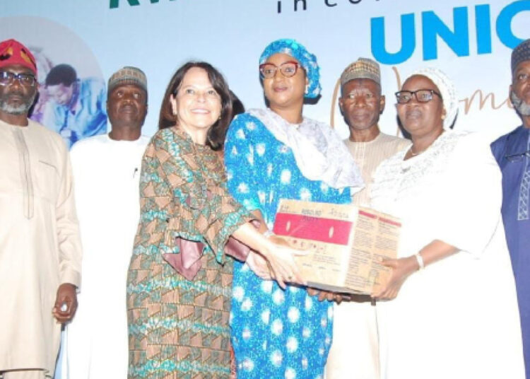 L-R: Hon Seun Ogunniyi, special adviser on Special Duties, Alh AbdulRazaq Jiddah; Country representative for UNICEF,  Mrs Christian Munduate, commissioner for Health, Dr Amina El-Imam, secretary to the State Government, Prof Mamman Jibril,  commissioner for Tertiary Education, Dr Mary Arinde and special assistant on Transportation, Hon. Ibrahim Orire; during the handover  of Ready-to- Use Therapeutic Food (RUTF)  procured by Kwara State government through the UNICEF Child Malnutrition Fund for the use of malnourished children in the state, in Ilorin.