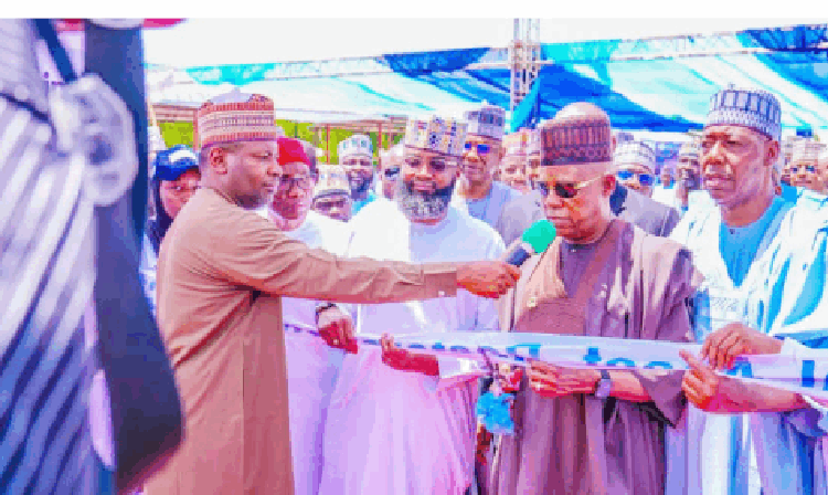 L-R: Executive  vice chairman/CEO NASENI, Mr. Khalil Suleiman Halilu;  Vice President Sen. Kashim Shettima; governor of Borno State, Prof. Babagana Umara Zulum; and minister of Agriculture, Senator Abubakar Kyari, as the Vice President commissioned the tractors refurbished by NASENI under its National Asset Restoration Programme on Sunday, 8th June, 2025 in Maiduguri, Borno State.